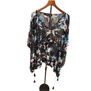 Lane Bryant Black Floral Tassels V-Neck Sheer Kimono Cover Up Women's Plus 26 28
